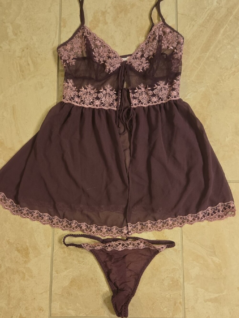 Sexy & Sensual Victoria's Secret Plum Chemise with Pink Lace Trim 2piece XS
